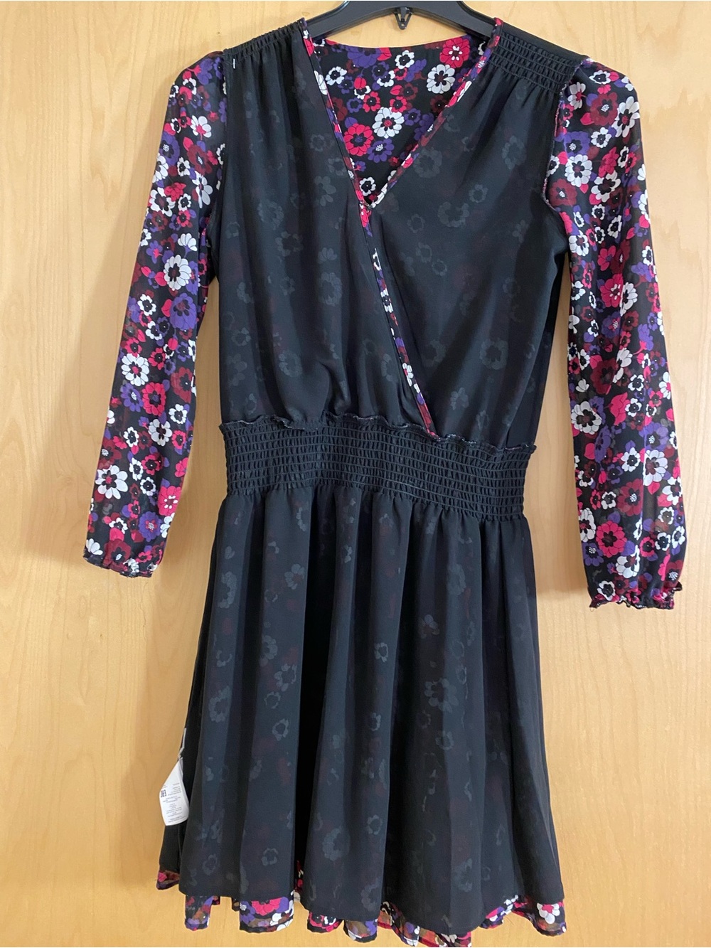 MICHAEL Michael Kors Floral Wrap Long-Sleeve Dress in Black, Magenta, Purple - Picture 10 of 12